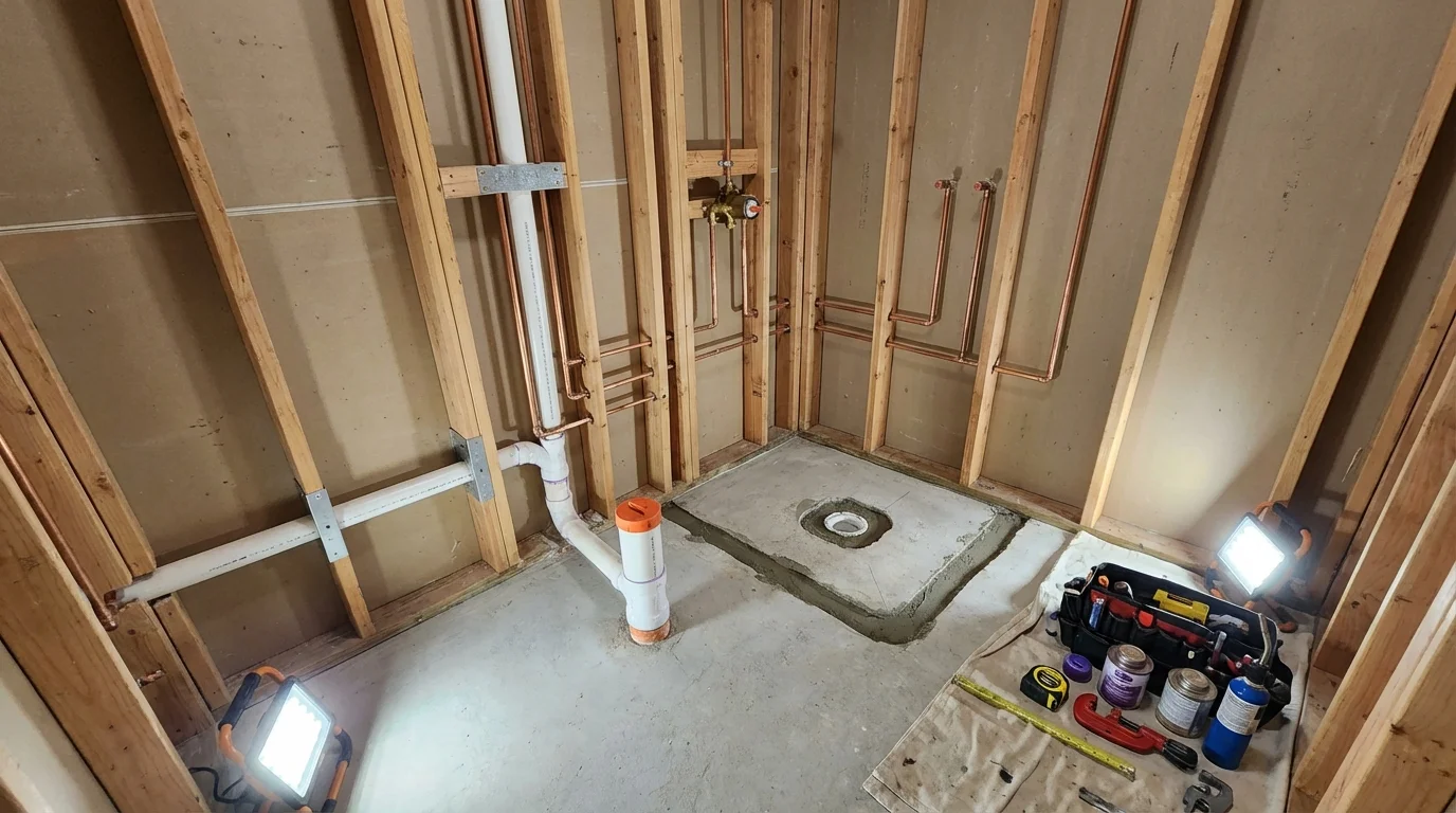 Bathroom rough-in plumbing during remodel by Johns Plumbing LLC in South Lyon