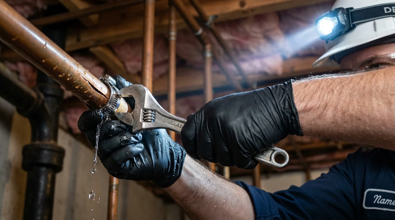 Emergency pipe clamp repair being performed by a Johns Plumbing LLC plumber in South Lyon