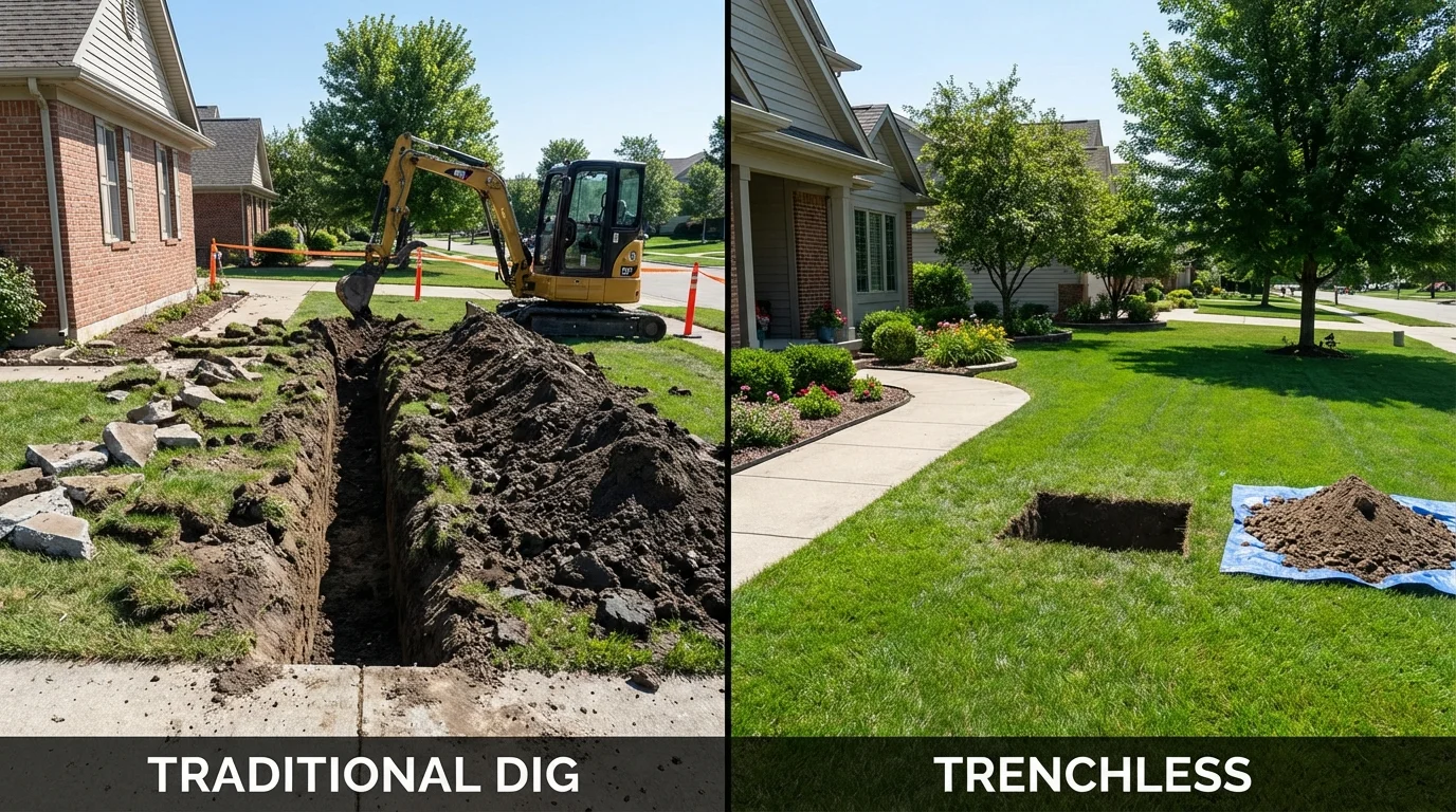 Trenchless sewer repair with minimal yard damage versus traditional excavation in South Lyon, MI