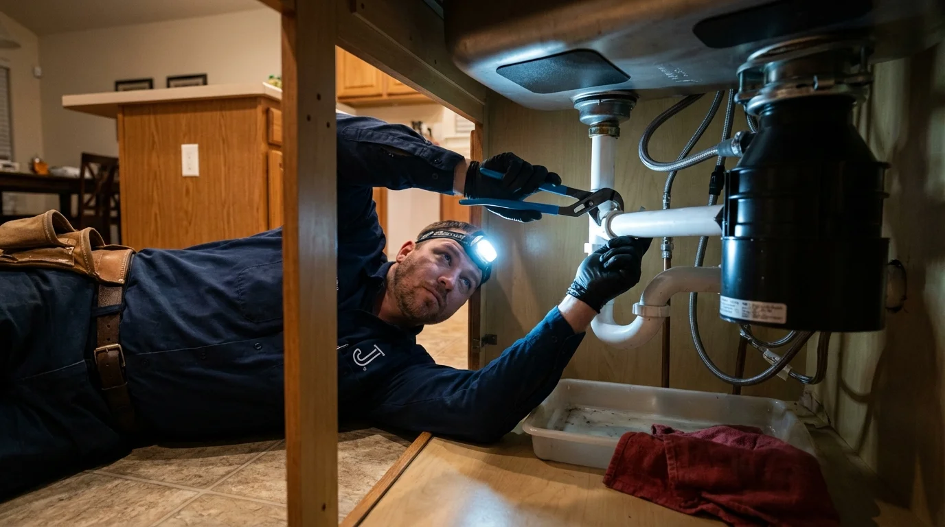 P-trap and supply line connections under a kitchen sink showing a common leak point in South Lyon, MI